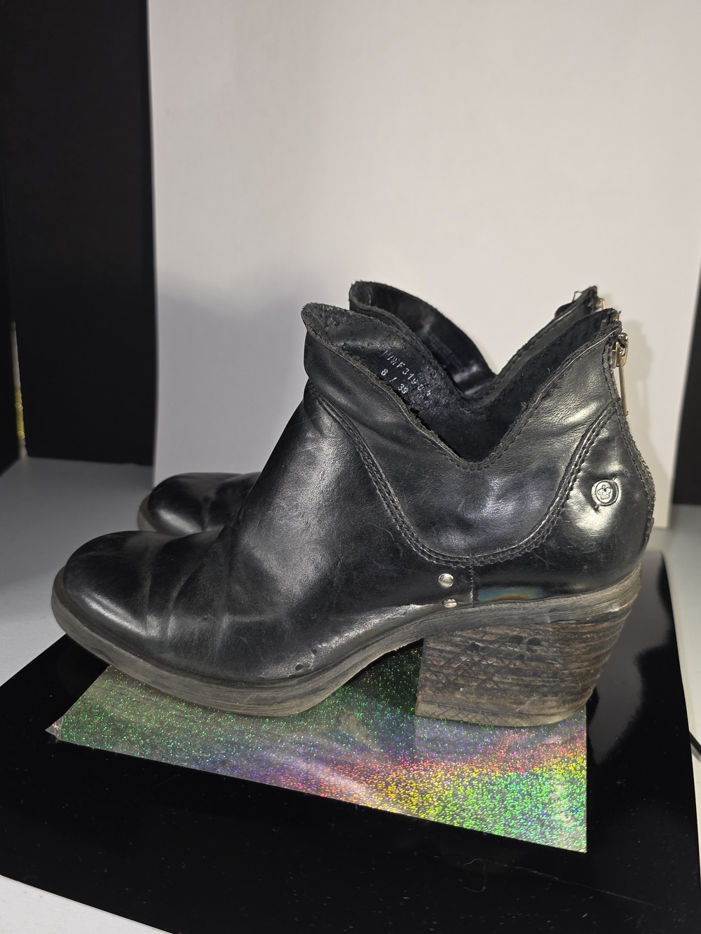 Born Black Leather Ankle Booties with Stacked Heel